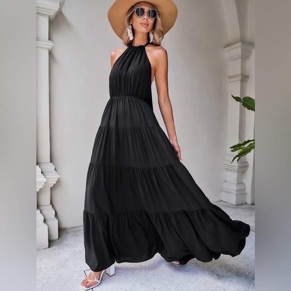 Solid Tie Backless Ruffle Hem Halter Dress - Picture 2 of 13